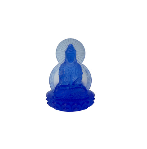 Blue Frosted Crystal Glass Lotus Base 2 Sides Bodhisattva Guanyin Figure GB894S