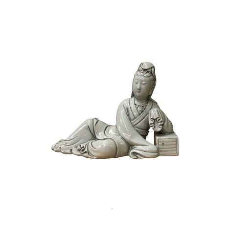 Chinese Vintage Finish Off White Porcelain Reclining Kwan Yin , Bodhisattva Statue GB899S