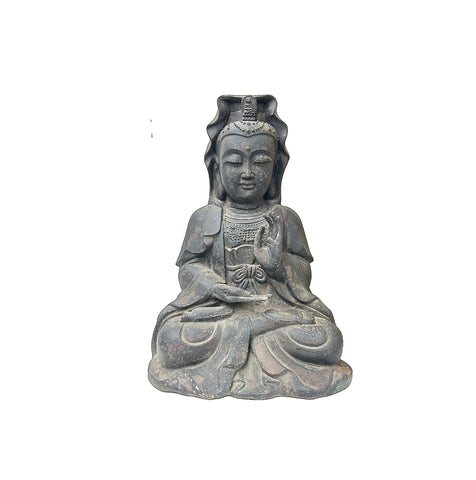 19" Rustic Iron Cross Leg Bodhisattva Guanyin Avalokiteshvara Blessing Mudra Statue GB903S