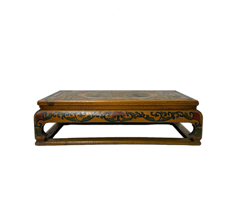 Chinese Distressed Yellow Lacquer Phoenix Graphic Rectangular Wood Stand Display GB906S
