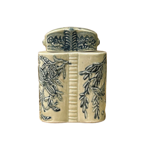 Cream Celadon Porcelain Blue Flower Graphic Cylindrical Container GB389S
