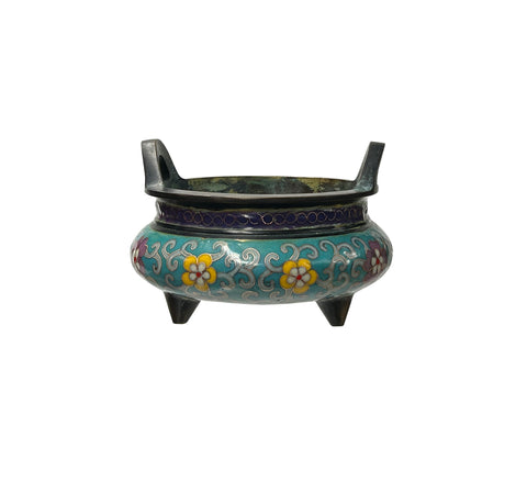 Chinese Vintage Metal Blue Yellow Enamel Cloisonne Incense Burner Art JK333S