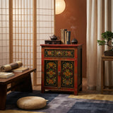 Tibetan Oriental Black Orange Red Floral End Table Nightstand cs6949S
