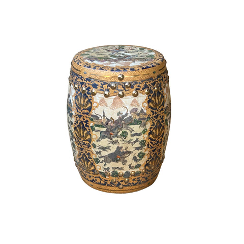 Vintage Oriental Chinoiserie Horse Riding Porcelain Stool Table Ottoman GB179S