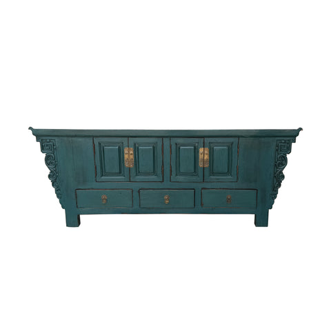 Oriental Distressed Rustic Teal Blue Low TV Console Table Cabinet ws3763S