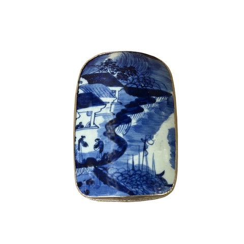 Chinese Old White Base Blue Flower Village Scenery Porcelain Art Pewter Box ws3925S
