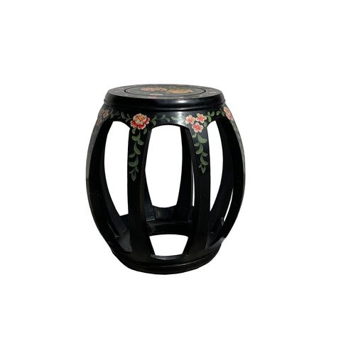 oriental black lacquer round stool - asian color flower graphic barrel shape side table 