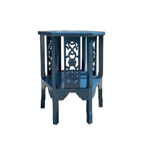 blue lacquer side table - hexagonal wood plant stand table - blue pedestal stand