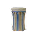 Blue Tan White Strips Ceramic Round Container Urn
