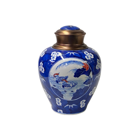 blue white porcelain jar - oriental porcelain tea leaves container - asian flower ducks graphic urn