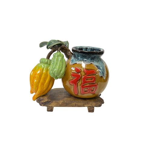 Fok Buddha hands Accent figure - oriental Ceramic Vase with fruits accent 