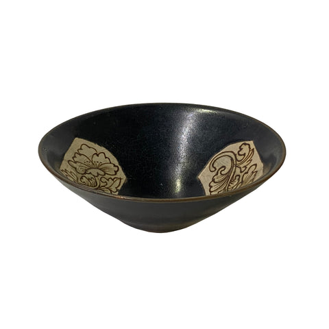 jian ware black beige ceramic bowl - oriental pottery bowl cup art
