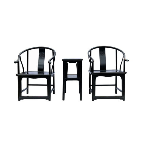 black lacquer armchair set - Chinese horseshoes back chair set - oriental round armchair table set