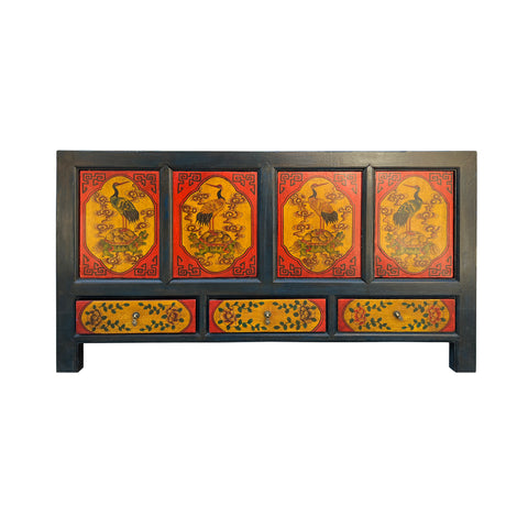 oriental orange flower bird graphic console - cranes on turtle tv stand - asian graphic sideboard