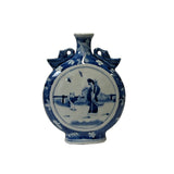 chinese blue white porcelain vase - oriental people graphic flat round small vase