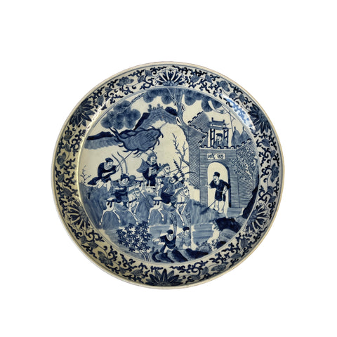 chinese blue white porcelain charger plate - oriental warrior horses porcelain art plate