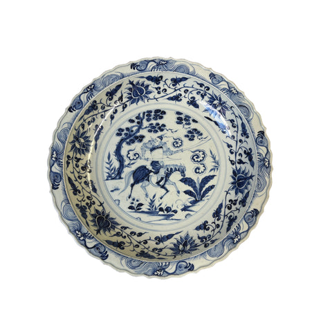 chinese blue white porcelain charger plate - oriental warrior horse porcelain plate 