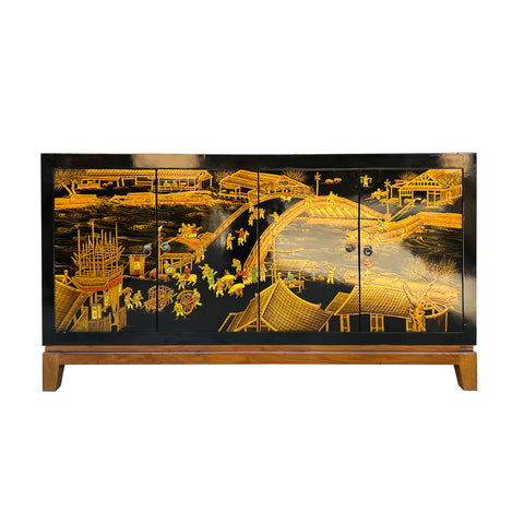 chinese chinoiserie graphic credenza - oriental golden scenery graphic sideboard - asian black golden console table