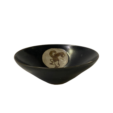 ceramic black tan art bowl - asian pottery clay bowl cup - oriental people graphic art bowl