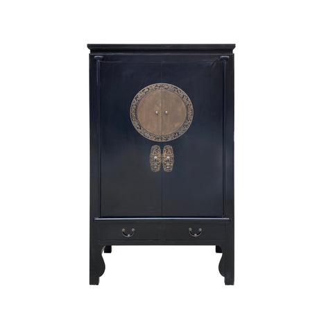 chinese black armoire dresser - black moon face wardrobe - asian black dresser storage cabinet