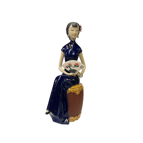 qipao ceramic lady figure - oriental navy blue chengsam lady figure