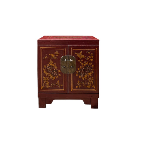 brick red end table - flower birds nightstand