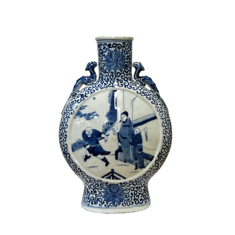 asian Chinese blue white porcelain vase - oriental porcelain scenery vase - round flat moon shape vase