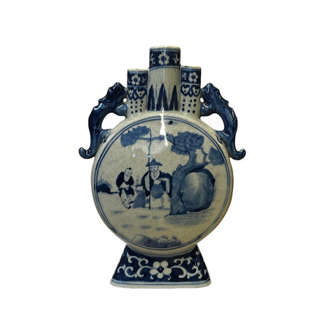 chinese flat round moon shape vase - oriental blue white art vase