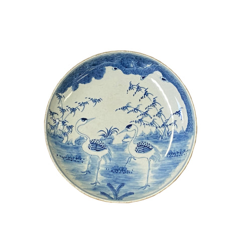 Blue White Cranes Birds Fengshui Graphic Porcelain Plate 