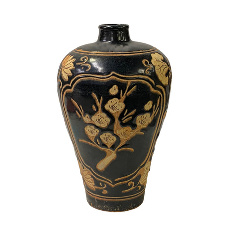 oriental song style ware ceramic vase - black tan glaze pottery flower vase
