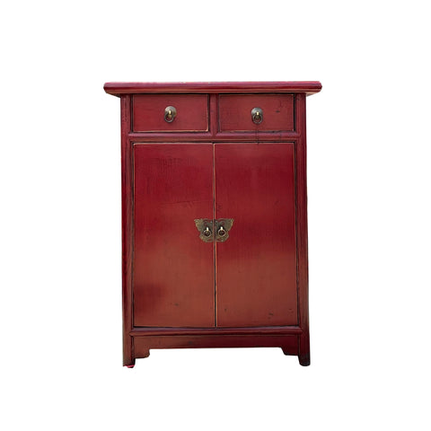 brick red butterflies end table - oriental red side table - asian chinese red tall nightstand