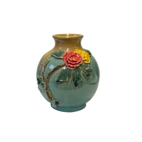 ceramic turquoise vase - oriental color flower art vase - artistic handmade relief flower vase