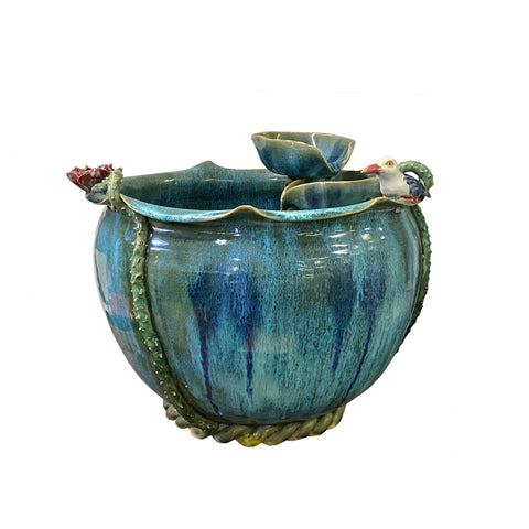 oriental turquoise green fountain - ceramic lotus bird fish bowl fountain