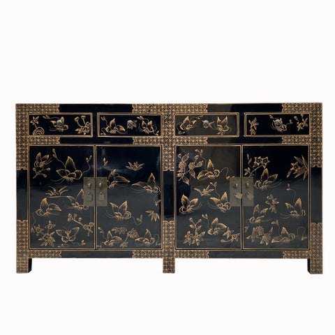 chinese black lacquer sideboard - asian golden graphic console table - buffet 
