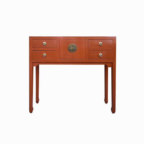 Chinese Brick Red Lacquer 4 Drawers Slim Narrow Foyer Side Table cs7699S