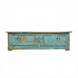 Vintage Distressed Turquoise Geometric Carving Rough Low TV Table Cabinet cs6123S T