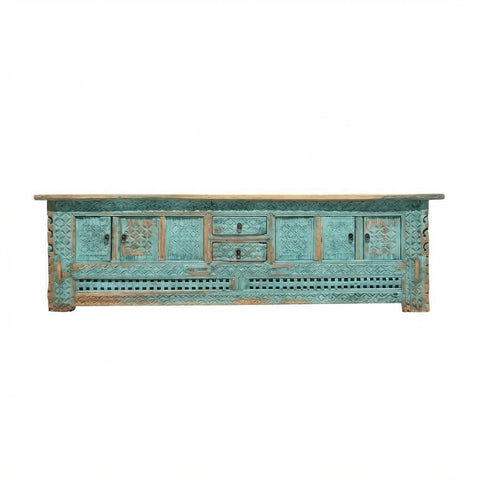 Vintage Distressed Turquoise Geometric Carving Rough Low TV Table Cabinet cs6123S T