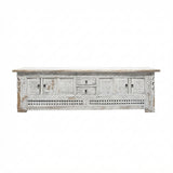 Vintage Distressed White Geometric Carving Rough Low TV Table Cabinet cs6123S W