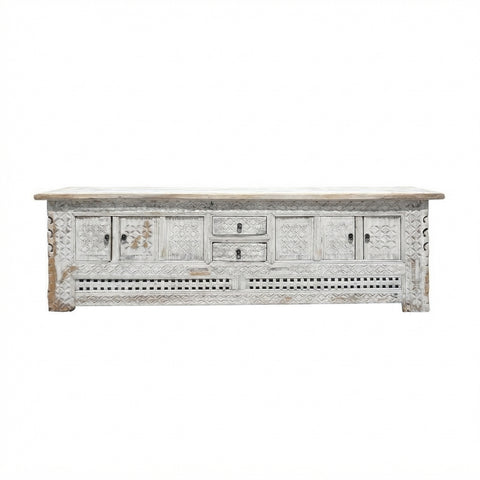 Vintage Distressed White Geometric Carving Rough Low TV Table Cabinet cs6123S W