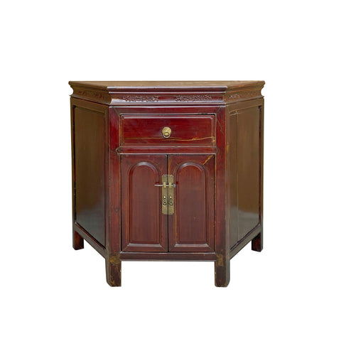 Vintage Chinese Brown Lacquer Trapezoid Shape Corner Side Table Cabinet cs7816S