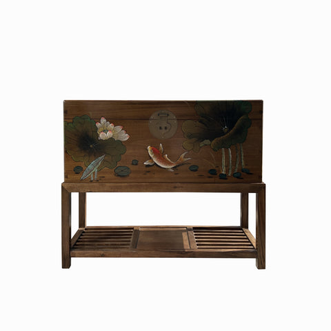 Chinese Lotus Flower Koi Fish Rectangular Wood Trunk on Stand cs7687S