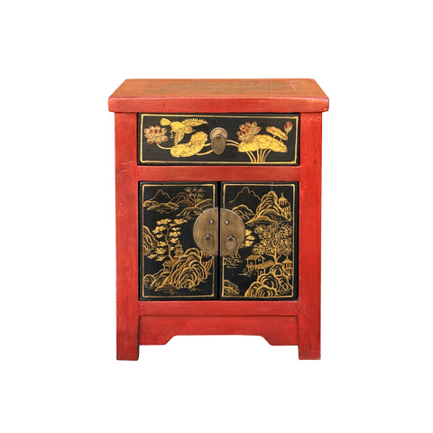 Oriental Distressed Red Black Golden Graphic Side End Table Nightstand cs7695S