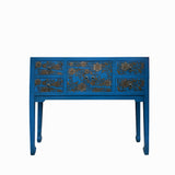 Blue Lacquer Golden Flower Graphic Drawers Slim Foyer Side Table cs7732S