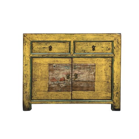 Chinese Distressed Yellow Graphic Sideboard Console Credenza Cabinet cs7751S