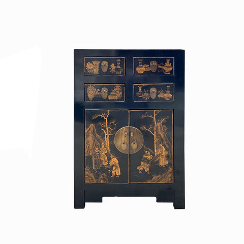 Vintage Oriental Distressed People Golden Graphic Black Side Table Cabinet cs7767S