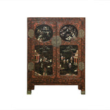 Vintage Chinoiseries Brick Red & Stone Inlay Graphic Credenza Cabinet cs7770S