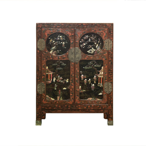 Vintage Chinoiseries Brick Red & Stone Inlay Graphic Credenza Cabinet cs7770S