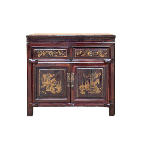 Vintage Chinese Floral Graphic Brown Drawers Table Credenza Cabinet cs7779S
