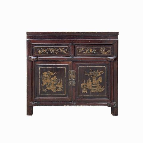 Vintage Chinese Floral Graphic Brown Drawers Table Credenza Cabinet cs7779S