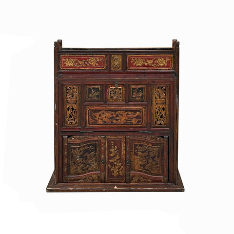 Vintage Chinese Fujian Golden Carving Wedding Trunk Cabinet Chest cs7792S